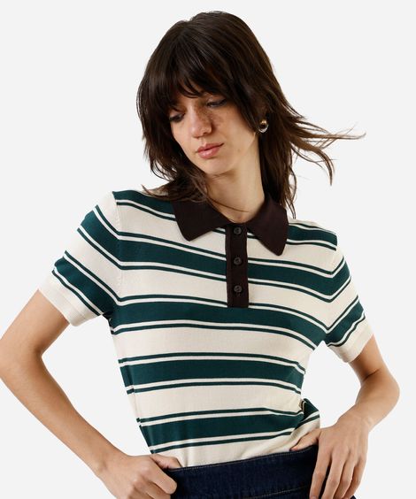 polo feminina em tricot listrada verde