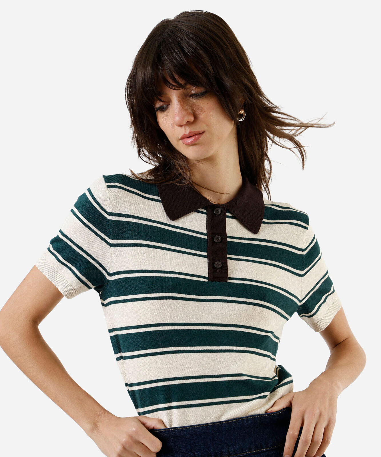 polo feminina em tricot listrada verde
