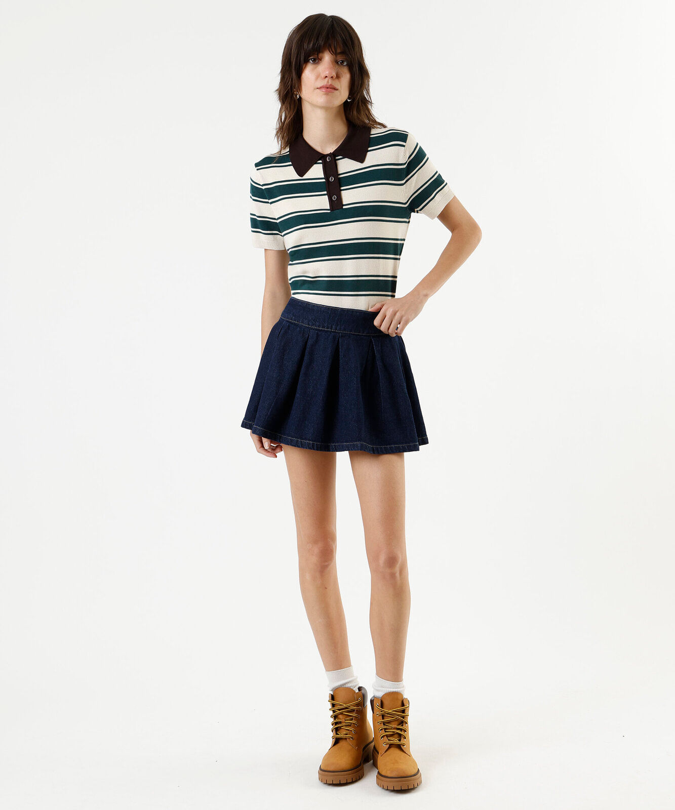 polo feminina em tricot listrada verde