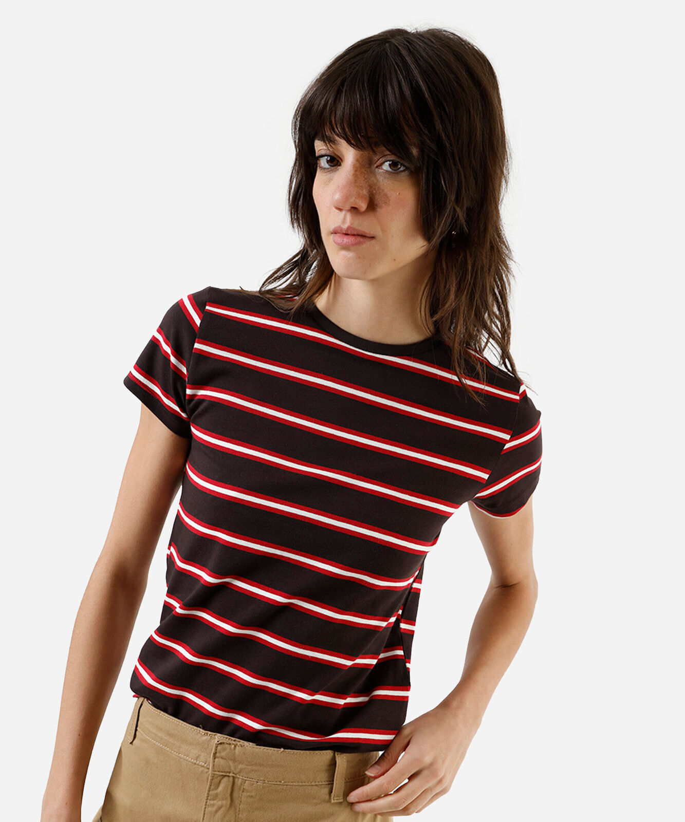 camiseta baby look feminina de algodão listrada marrom