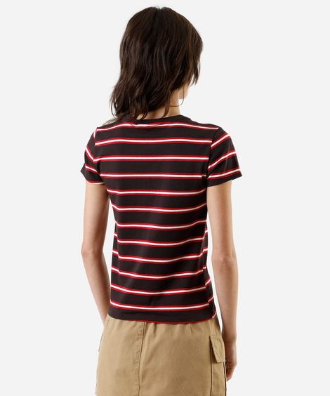 camiseta baby look feminina de algodão listrada marrom