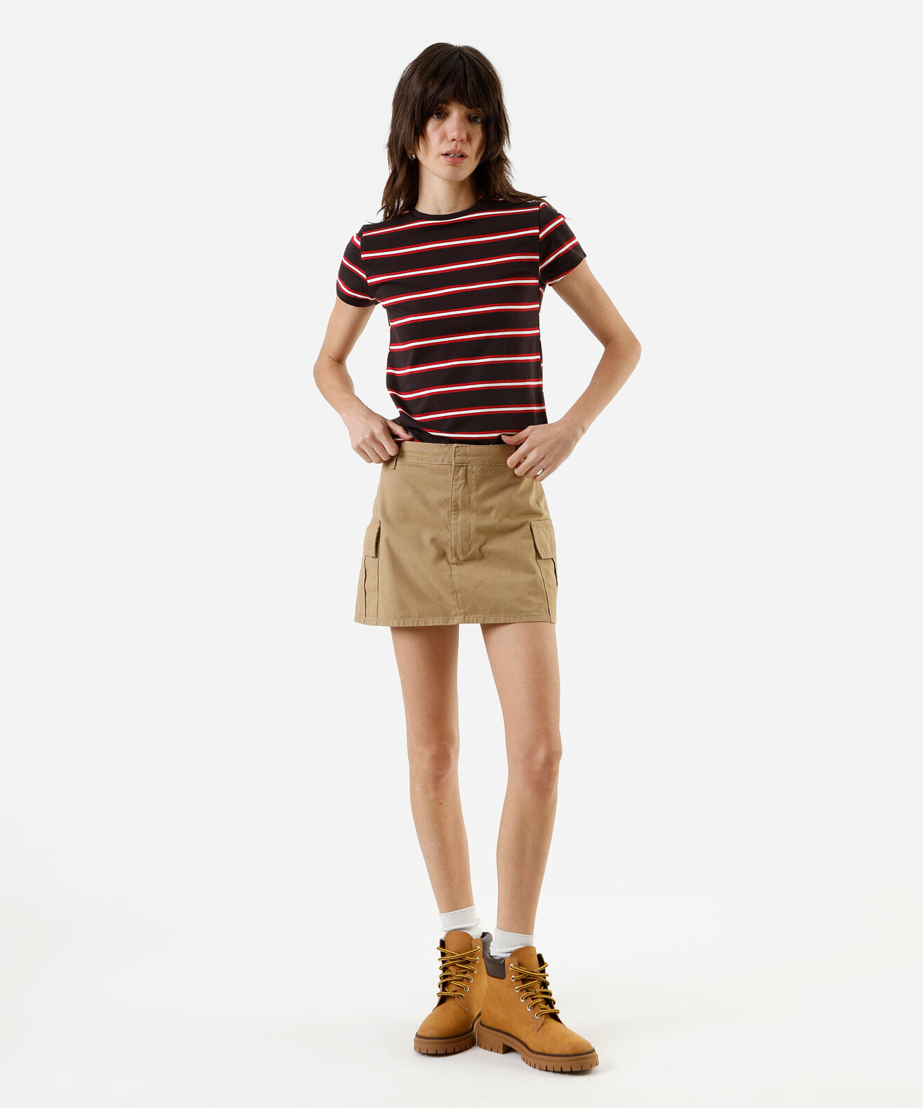 camiseta baby look feminina de algodão listrada marrom