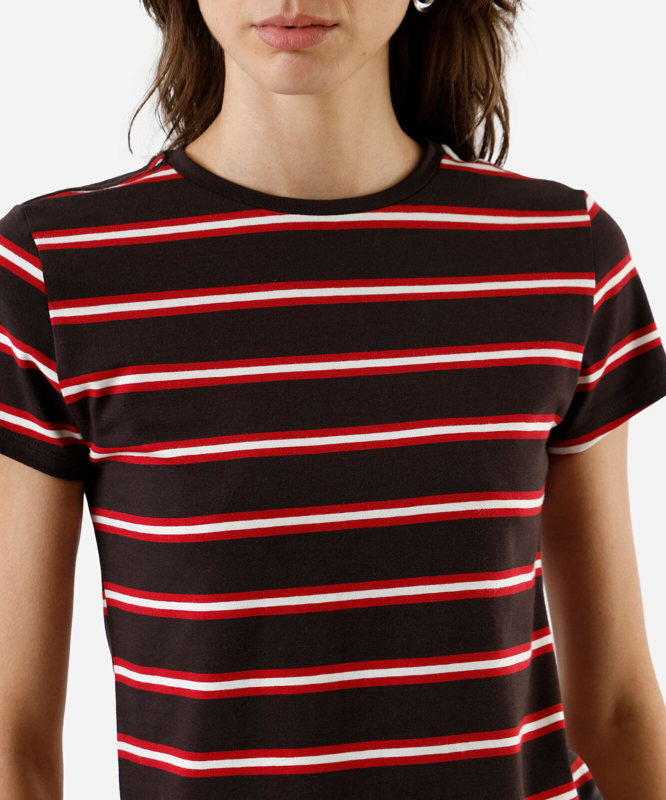 camiseta baby look feminina de algodão listrada marrom