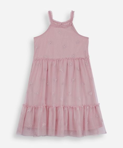 vestido halterneck infantil de tule lacinho rosa