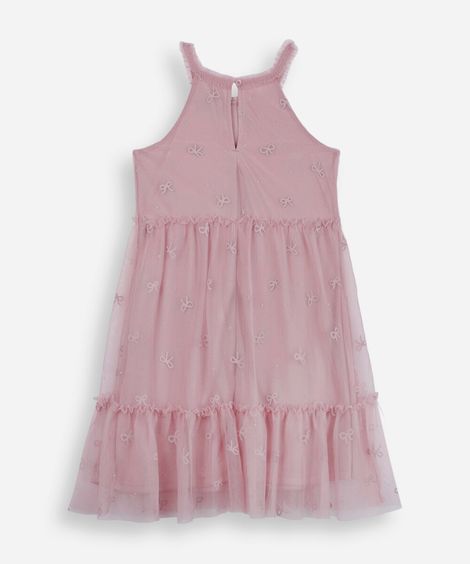 vestido halterneck infantil de tule lacinho rosa