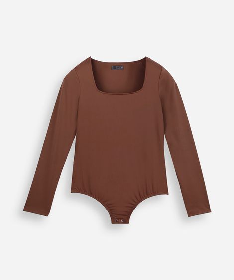 body juvenil manga longa decote quadrado marrom