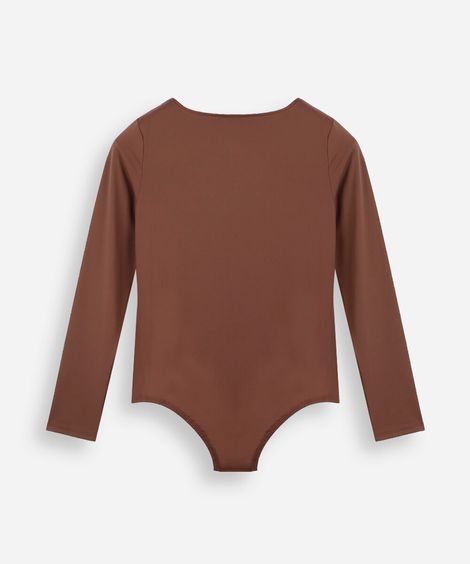 body juvenil manga longa decote quadrado marrom