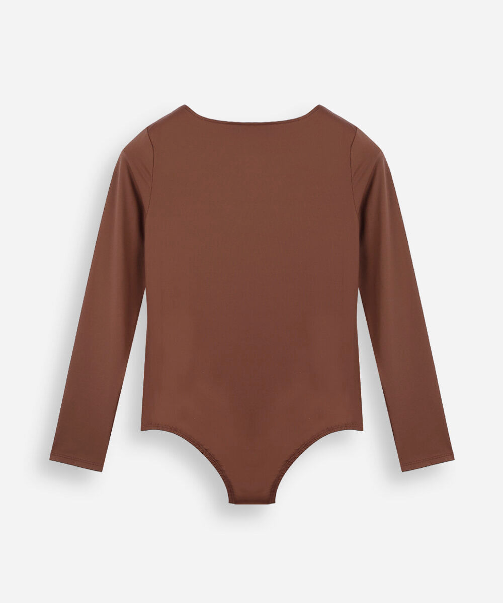 body juvenil manga longa decote quadrado marrom