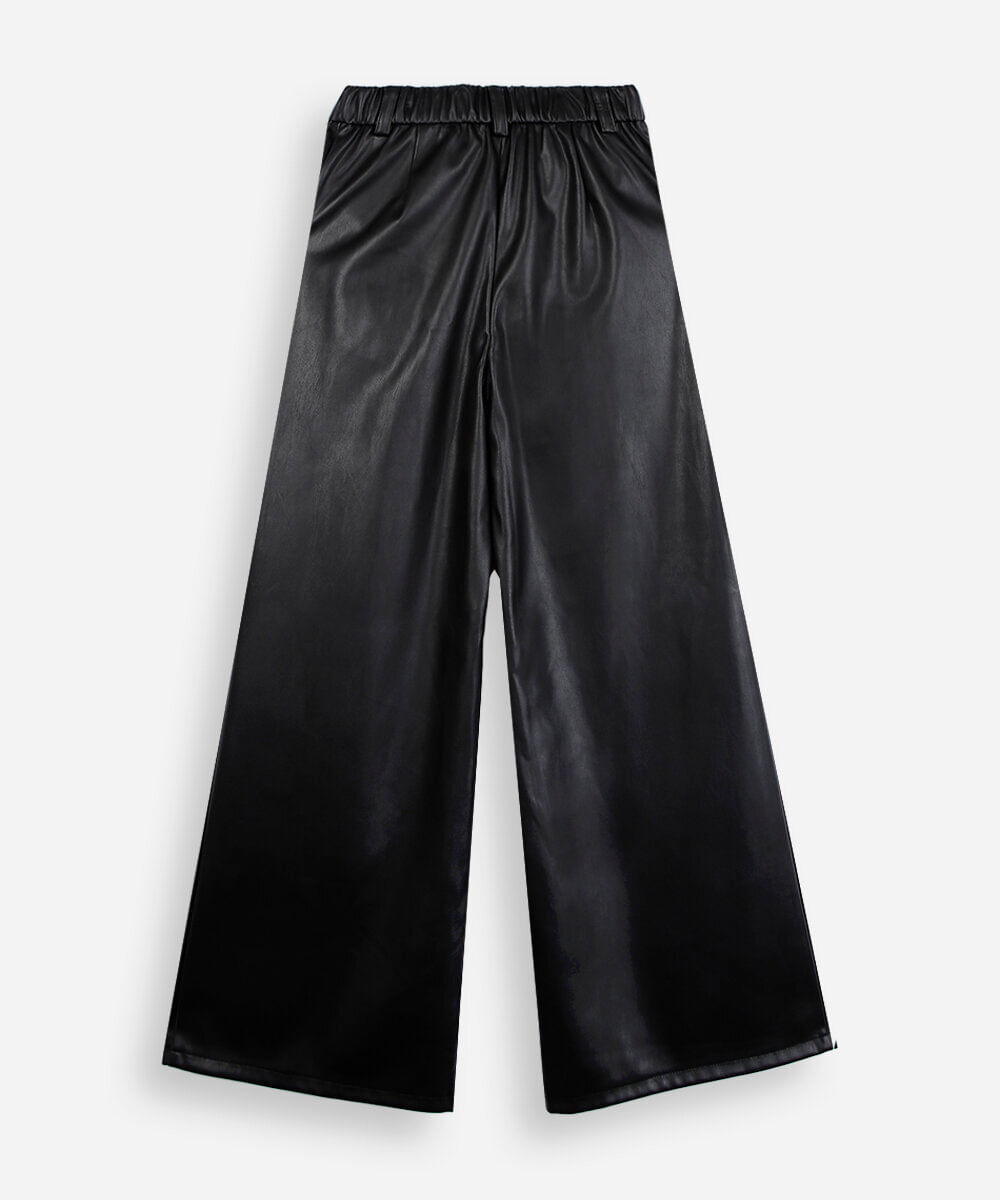 calça wide leg juvenil de poliuretano preta