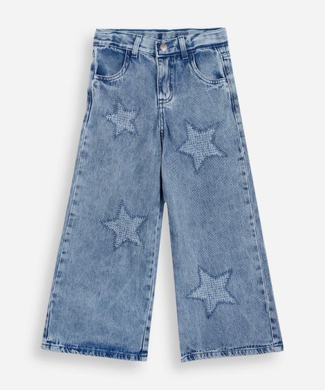 calça wide leg infantil jeans com estrelas azul