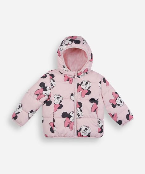 jaqueta puffer infantil com capuz minnie rosa