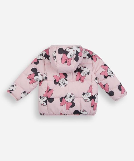 jaqueta puffer infantil com capuz minnie rosa