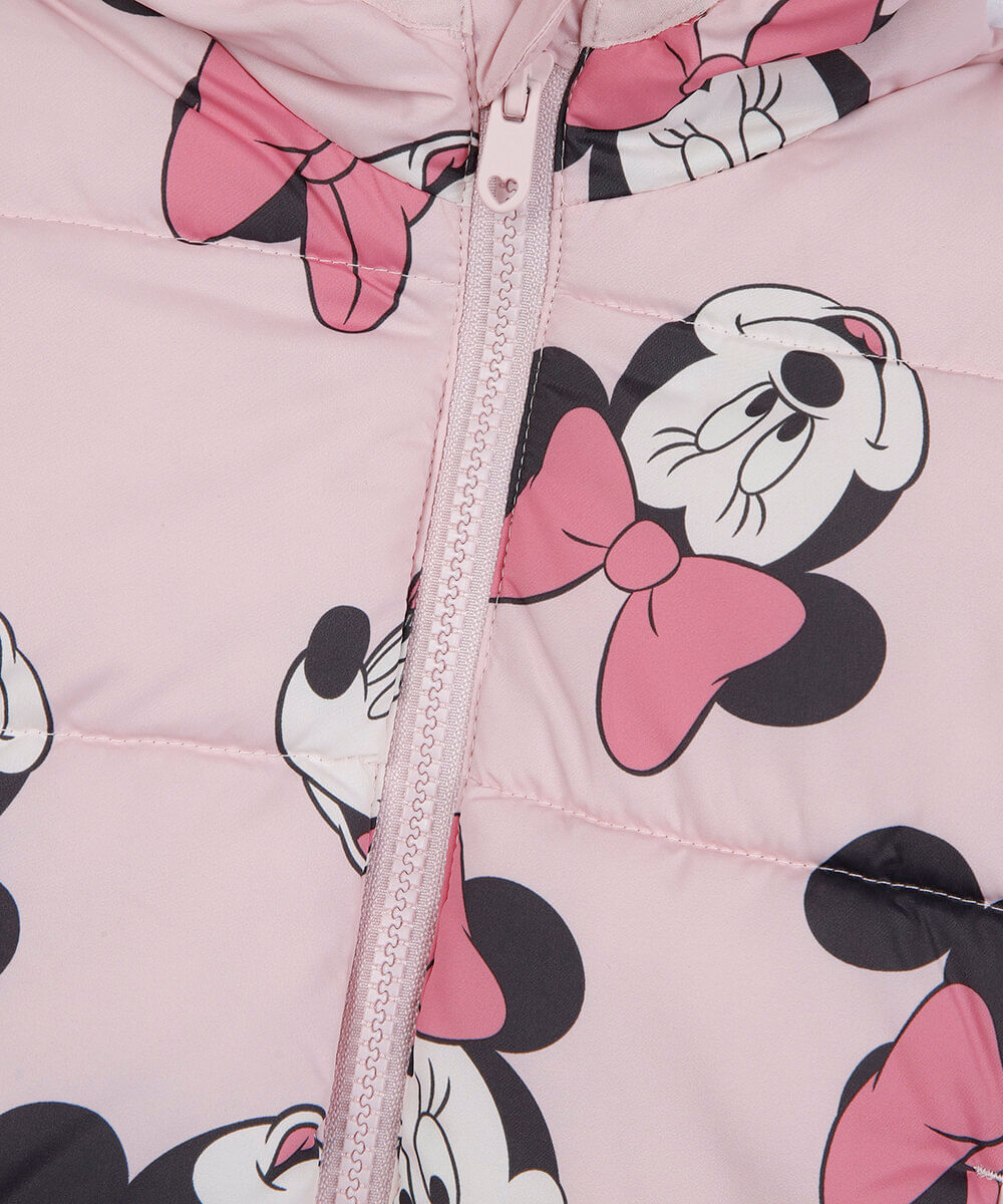 jaqueta puffer infantil com capuz minnie rosa