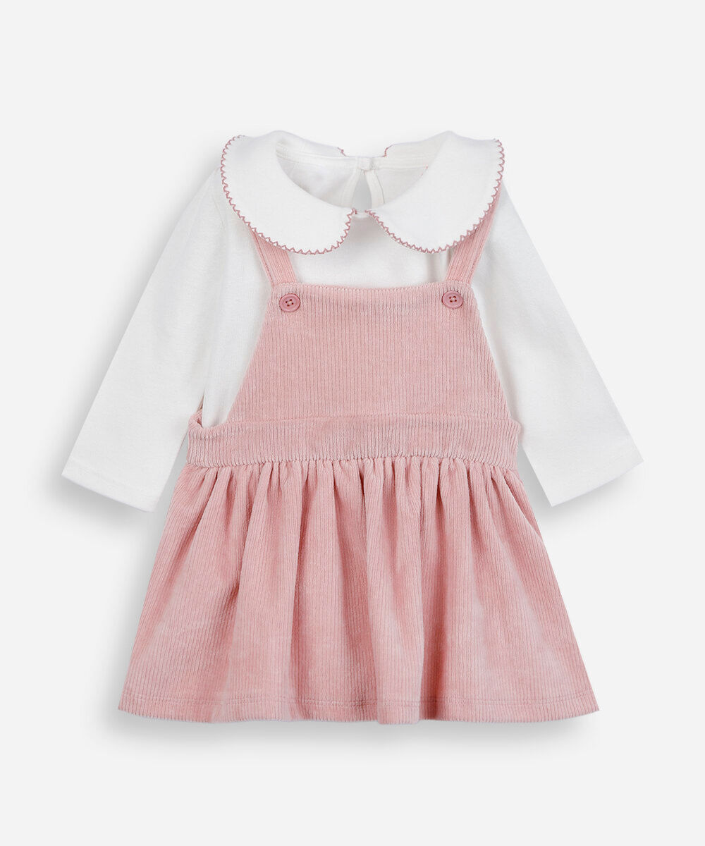 salopete infantil texturizada e body com gola peter pan manga longa rosa