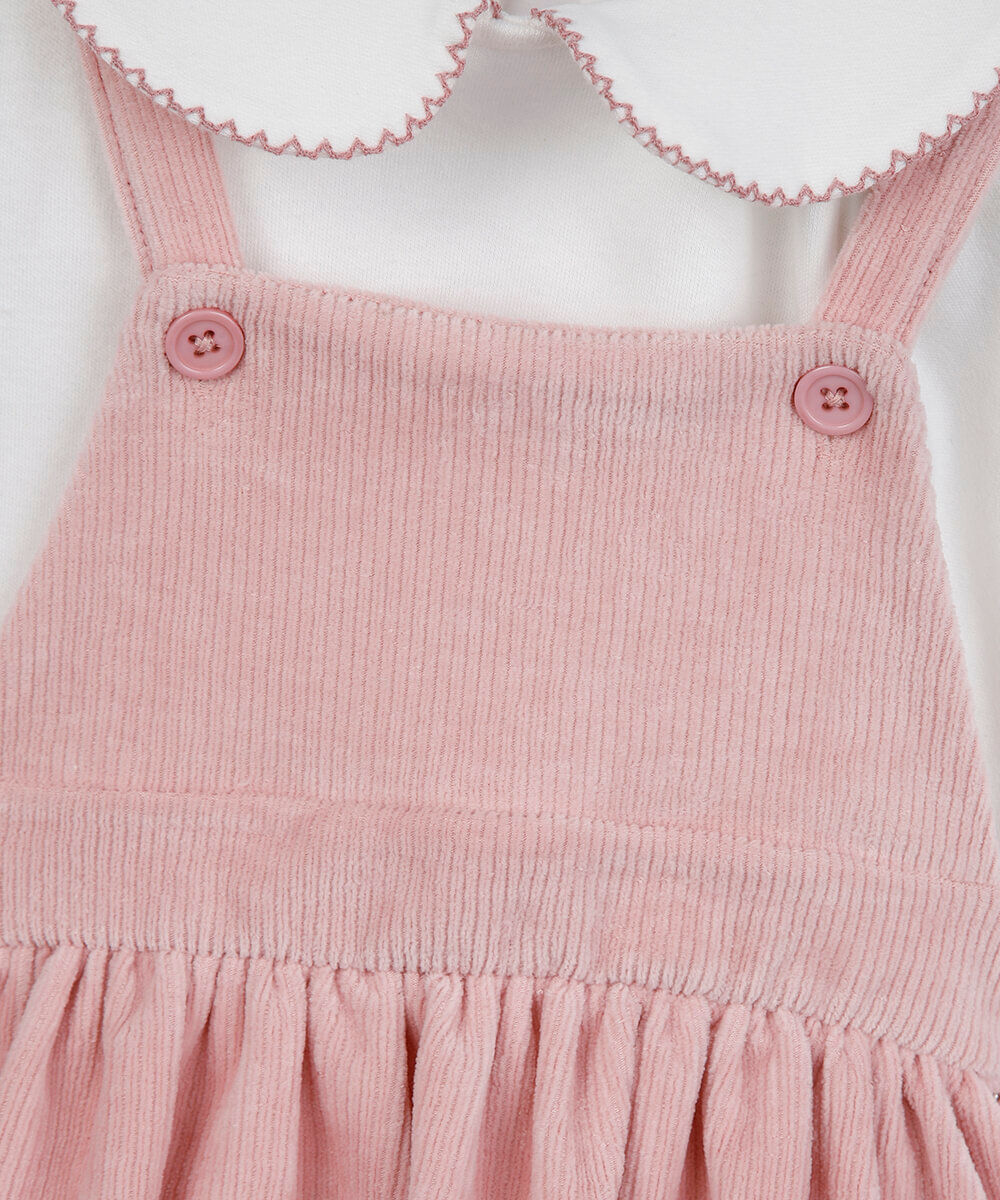 salopete infantil texturizada e body com gola peter pan manga longa rosa