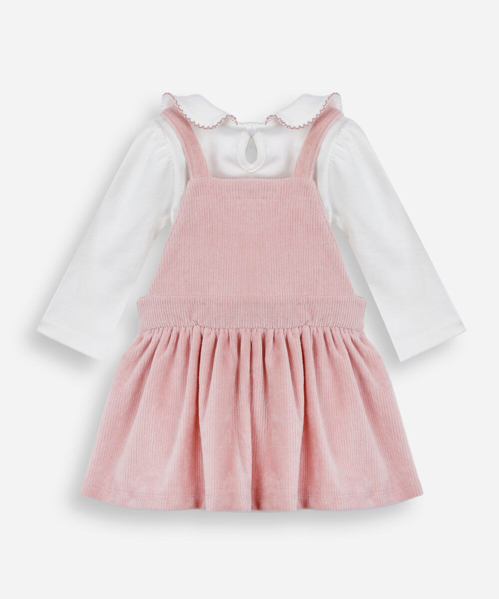 salopete infantil texturizada e body com gola peter pan manga longa rosa