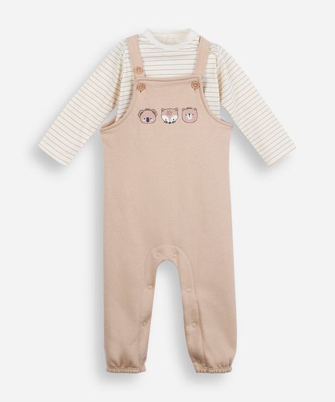 jardineira longa infantil bichinhos bege