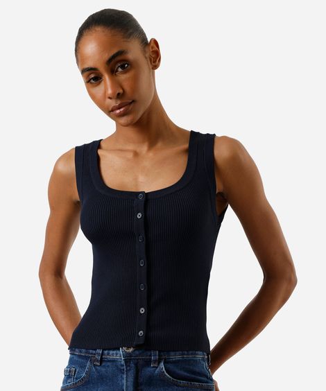 regata feminina de tricot canelado com botões azul
