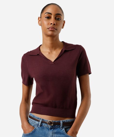 polo básica feminina de tricot manga curta vinho