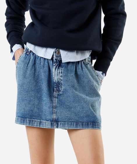 minissaia feminina jeans cintura alta franzida azul