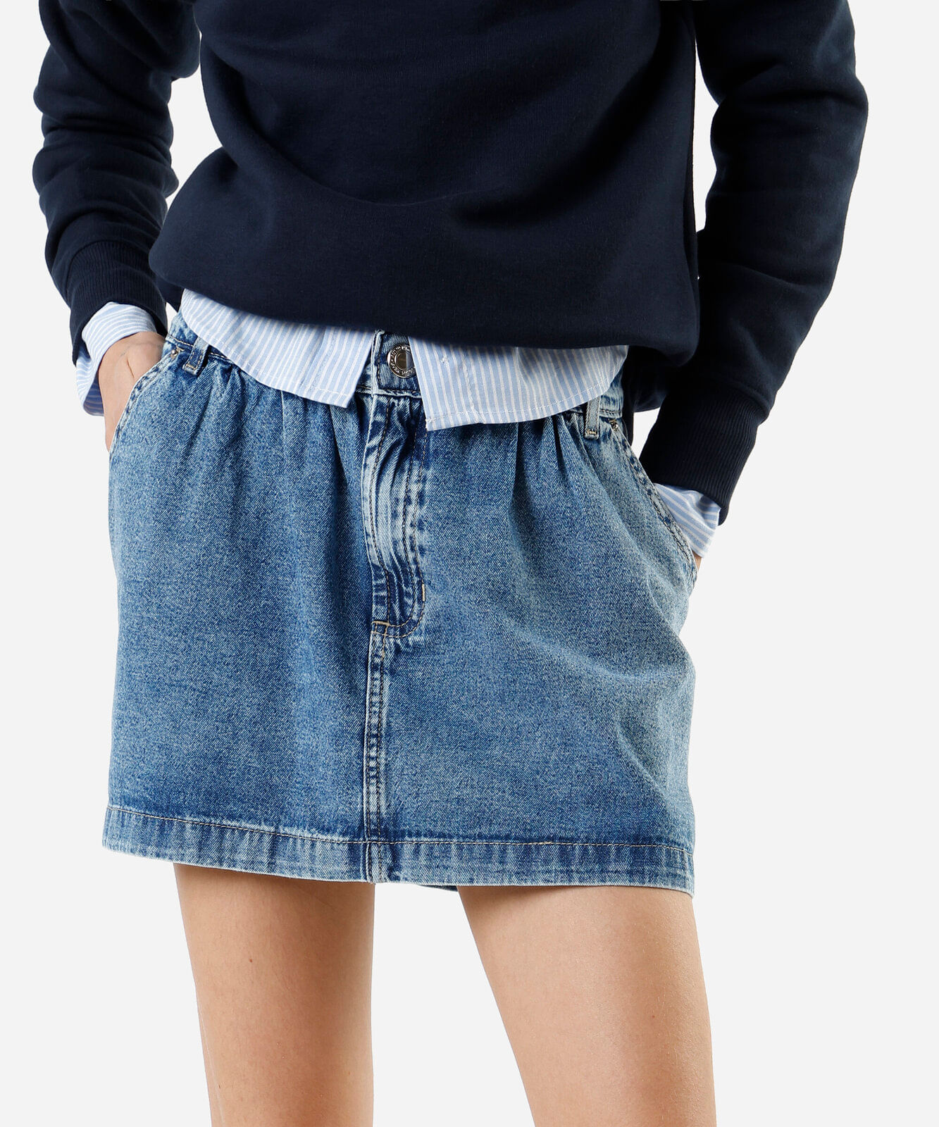 minissaia feminina jeans cintura alta franzida azul