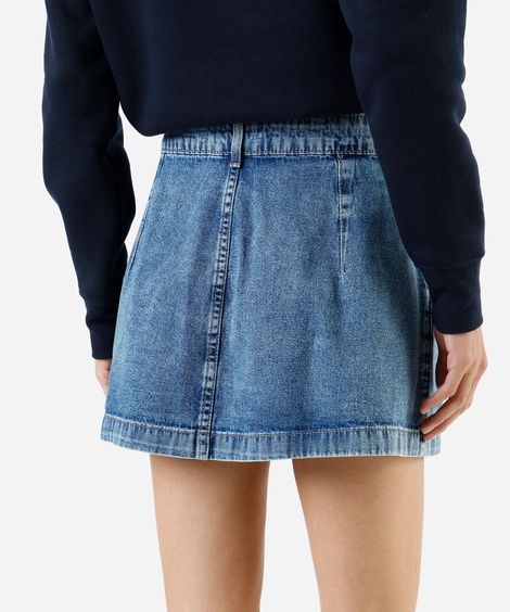 minissaia feminina jeans cintura alta franzida azul