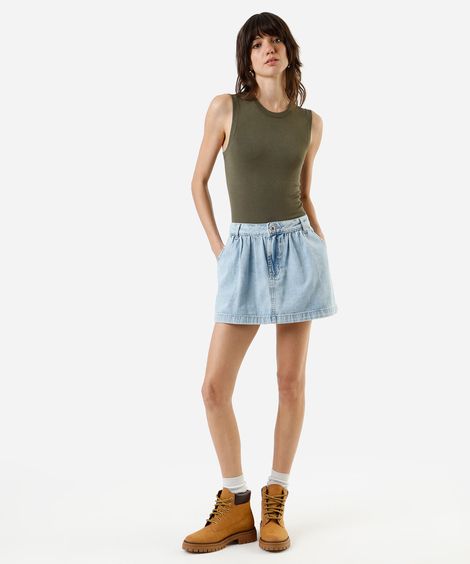 minissaia feminina jeans cintura alta franzida azul