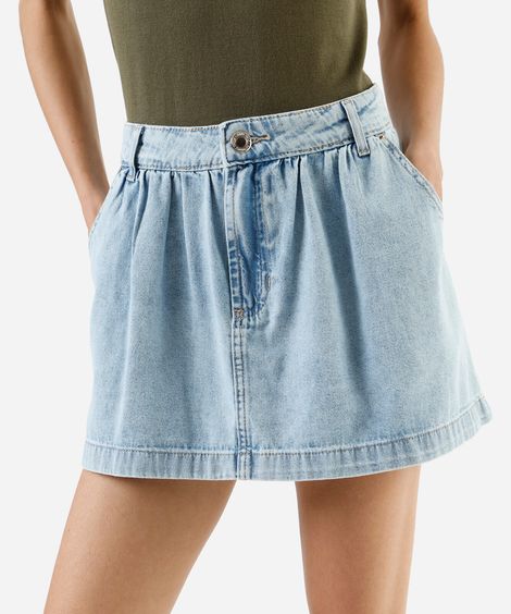 minissaia feminina jeans cintura alta franzida azul