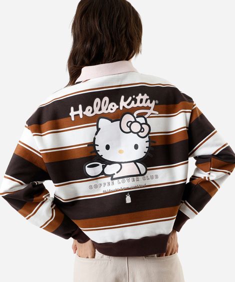blusão feminino de moletom com gola esporte hello kitty - marrom