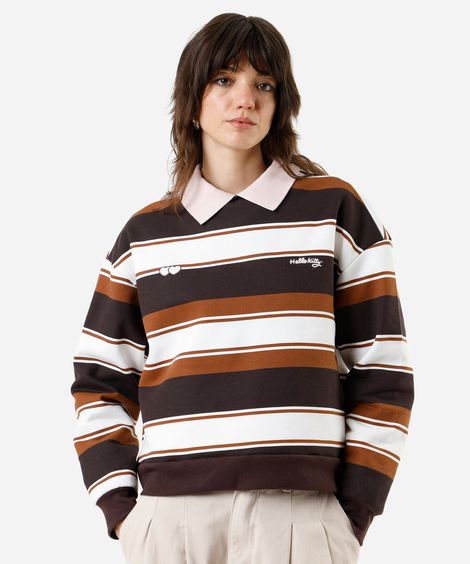 blusão feminino de moletom com gola esporte hello kitty - marrom