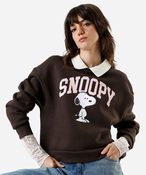 blusão feminino de moletom com gola esporte snoopy - marrom
