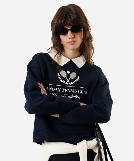 blusão feminino de moletom com gola esporte brasão - azul marinho