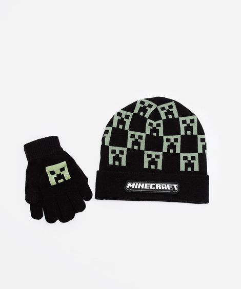 kit infantil de gorro e luvas de tricot minecraft preto