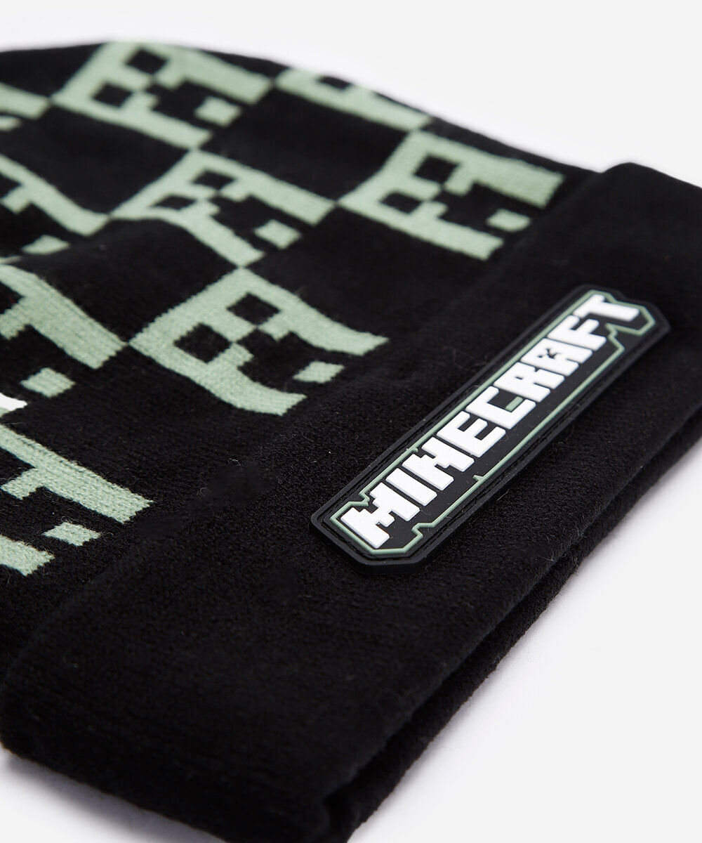 kit infantil de gorro e luvas de tricot minecraft preto