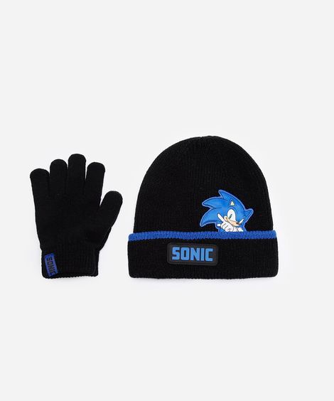 kit infantil de gorro e luvas de tricot sonic preto