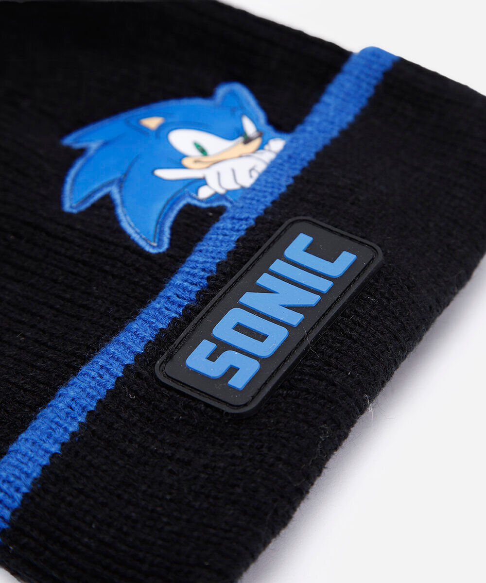 kit infantil de gorro e luvas de tricot sonic preto
