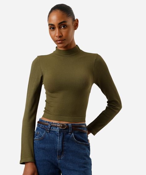 cropped de poliamida básico canelado gola alta manga longa verde