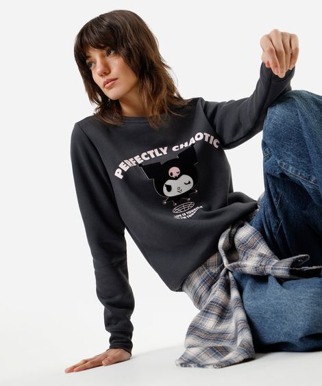 blusão feminino de moletom kuromi cinza