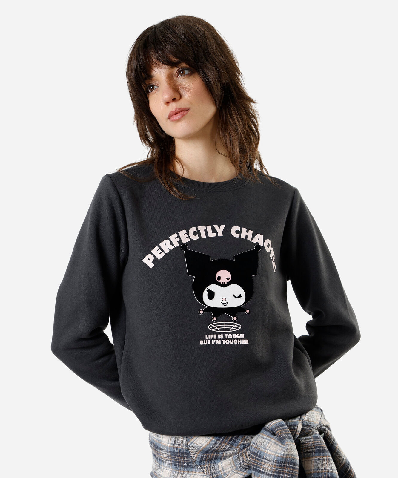 blusão feminino de moletom kuromi cinza