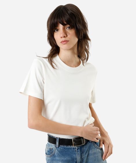 camiseta slim feminina de algodão peruano manga curta básica off white