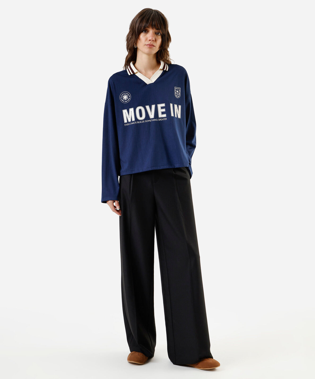 polo feminina manga longa oversized esportiva move in azul