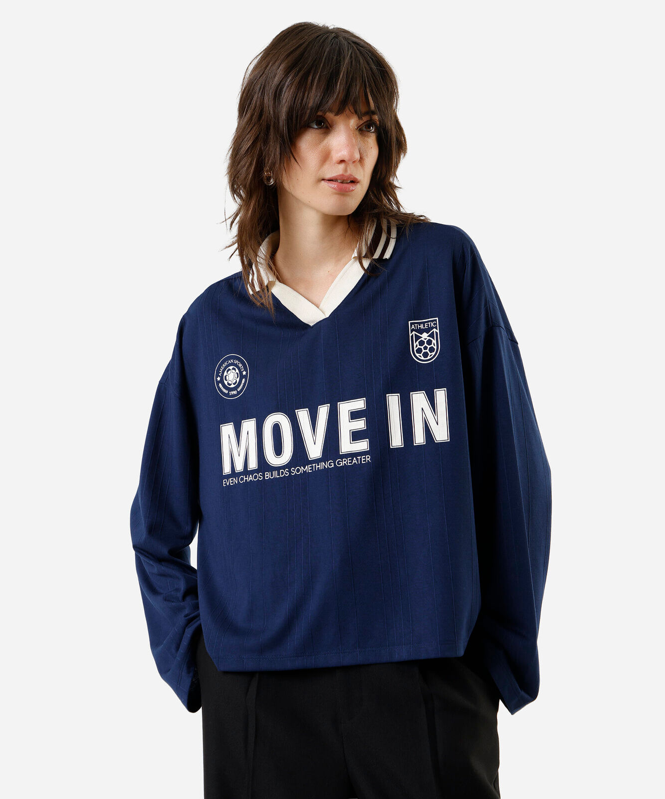 polo feminina manga longa oversized esportiva move in azul