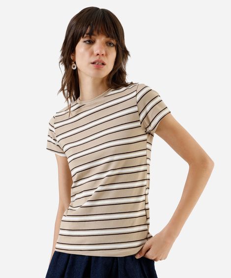 blusa baby look feminina de algodão listrada bege