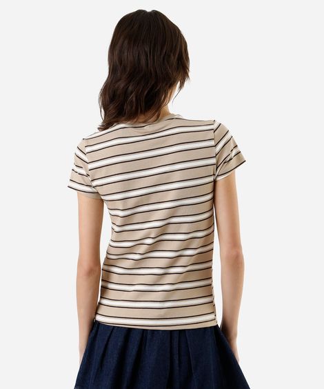 blusa baby look feminina de algodão listrada bege