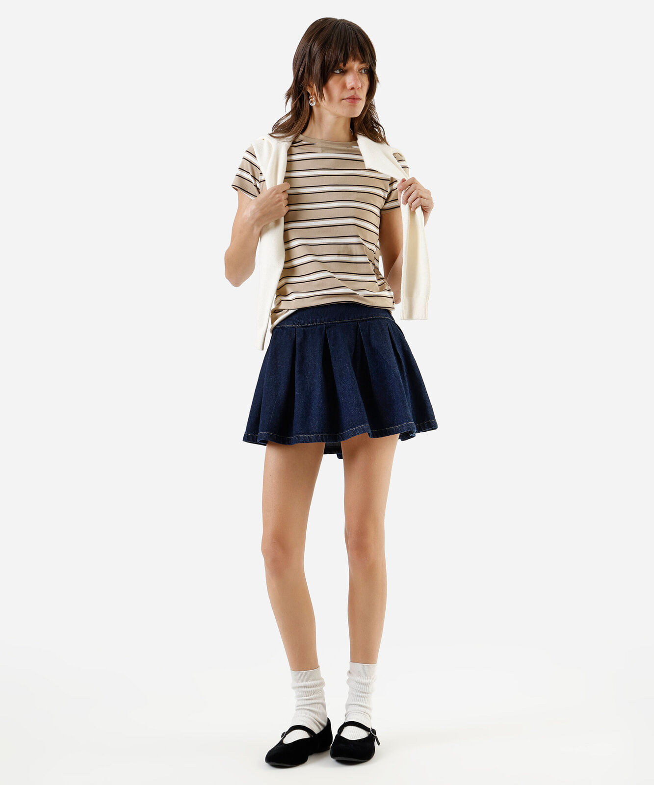 blusa baby look feminina de algodão listrada bege