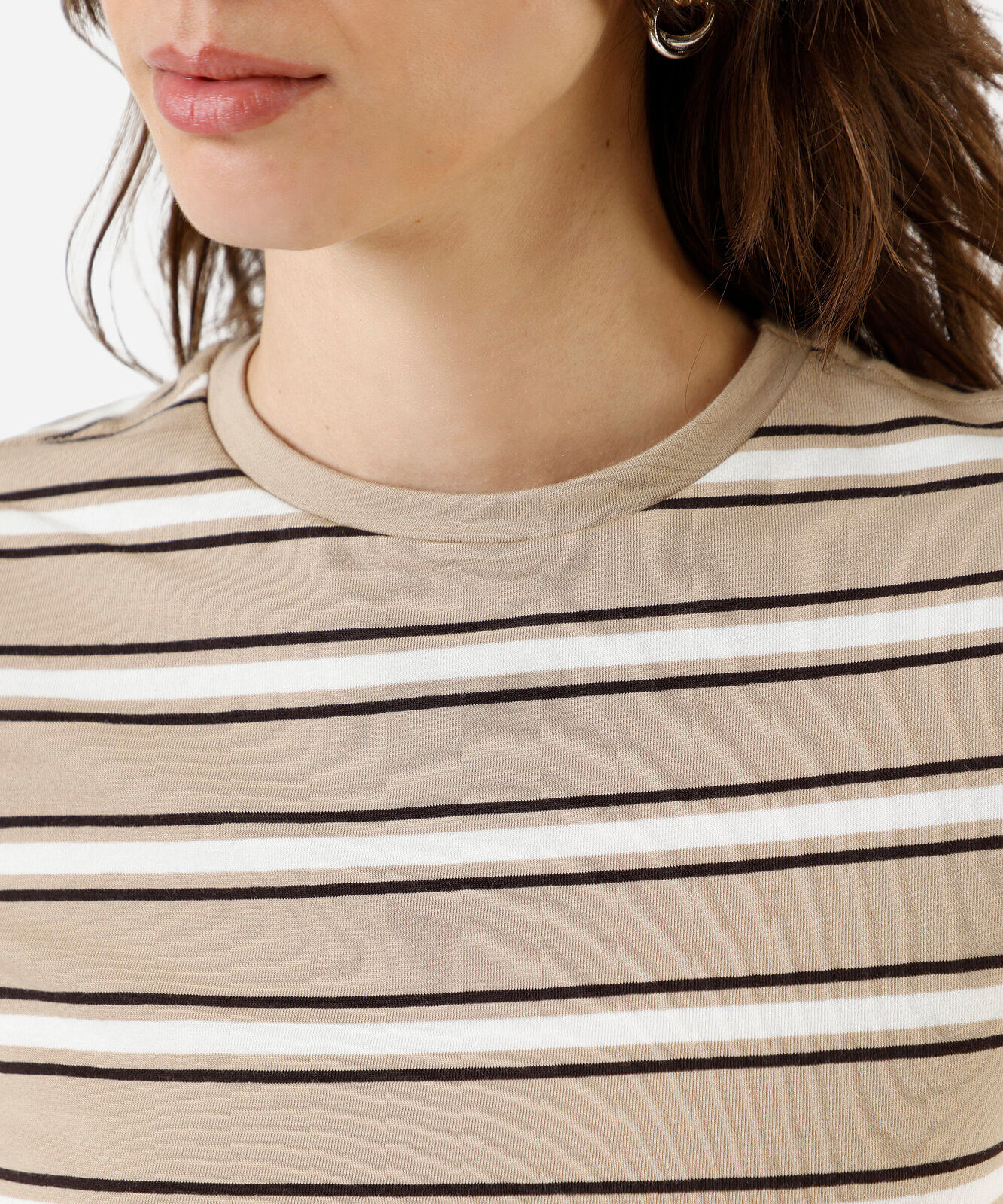 blusa baby look feminina de algodão listrada bege