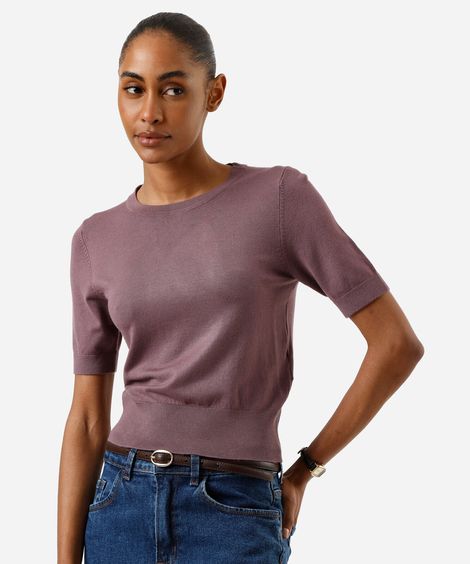 blusa cropped feminina de tricot manga curta rosa