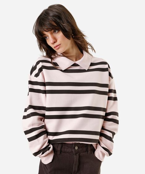 blusão feminino de moletom com gola esporte listrado - rosa claro