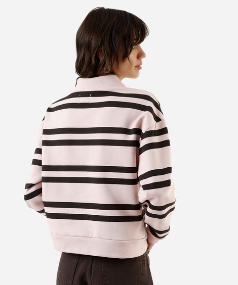 blusão feminino de moletom com gola esporte listrado - rosa claro