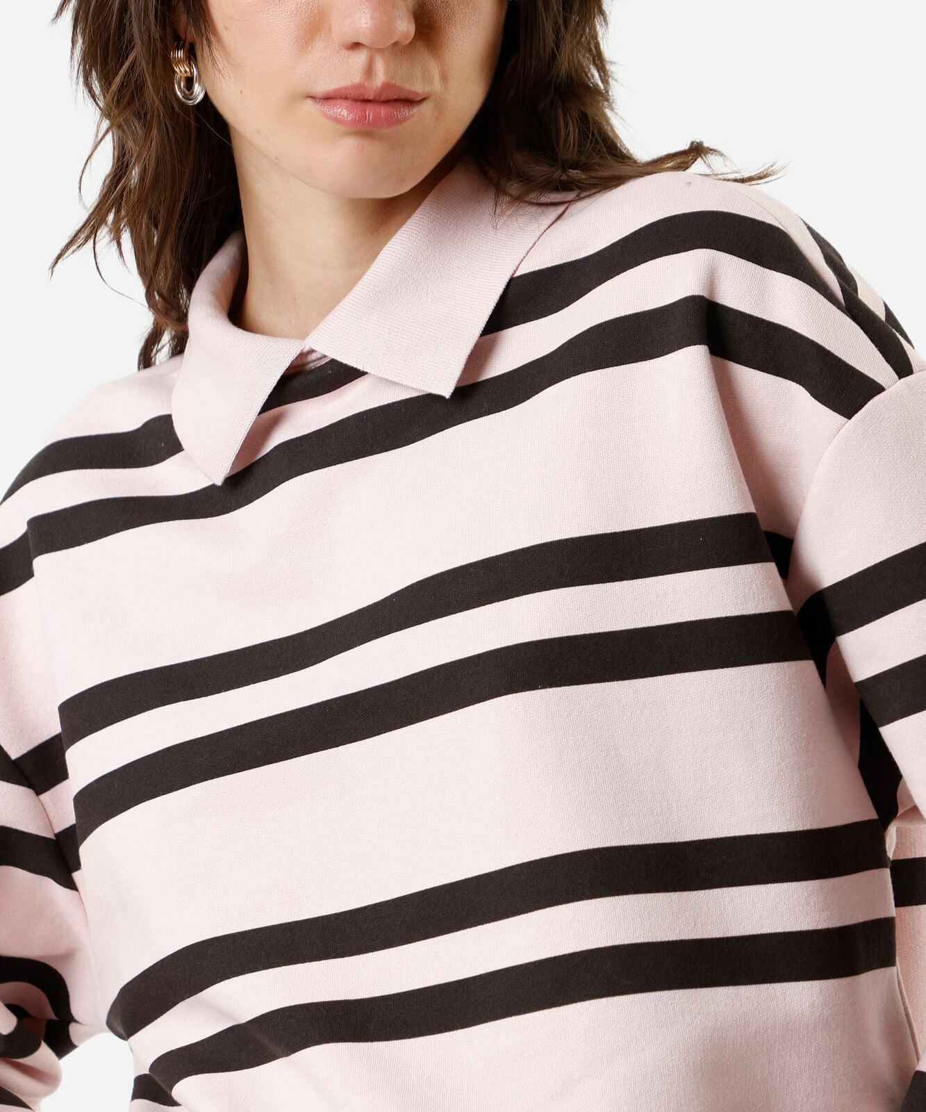blusão feminino de moletom com gola esporte listrado - rosa claro